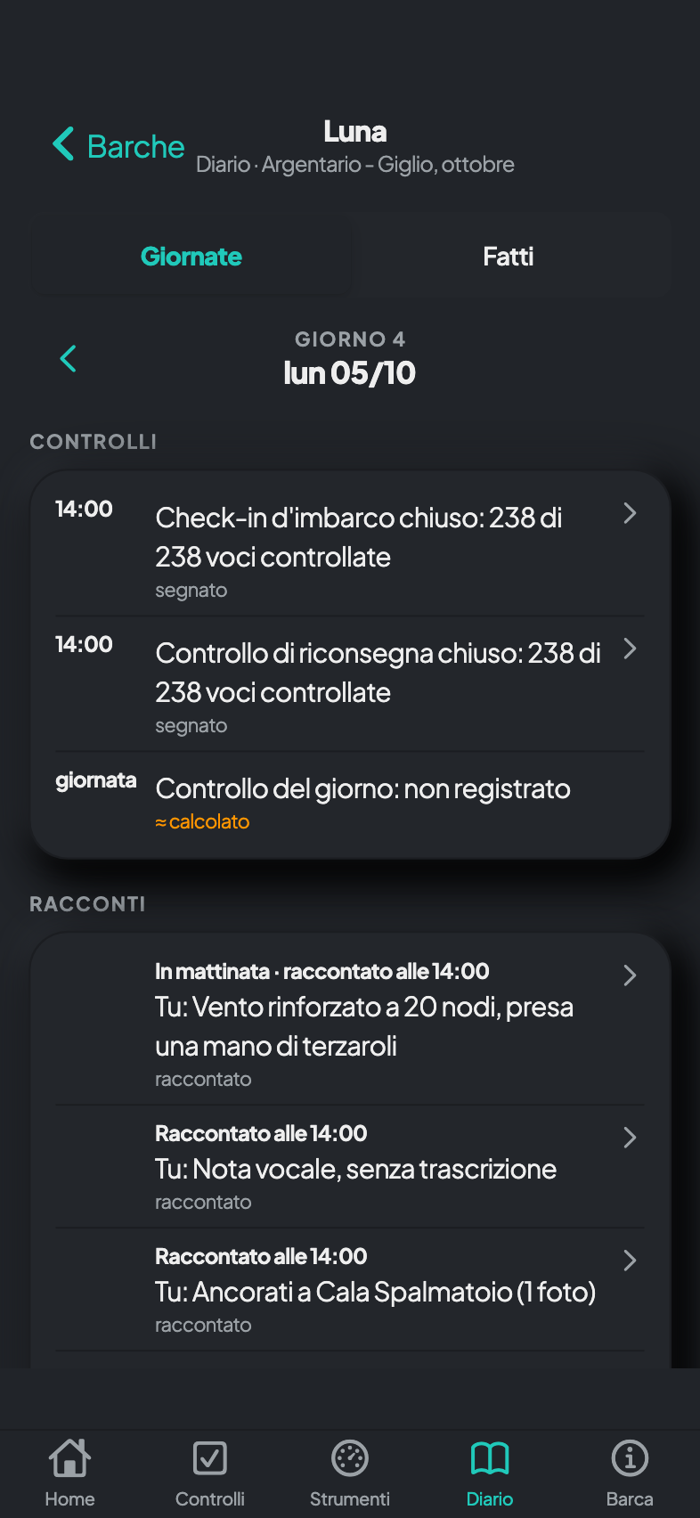 Diario in scuro: controlli e racconti con le rispettive ore