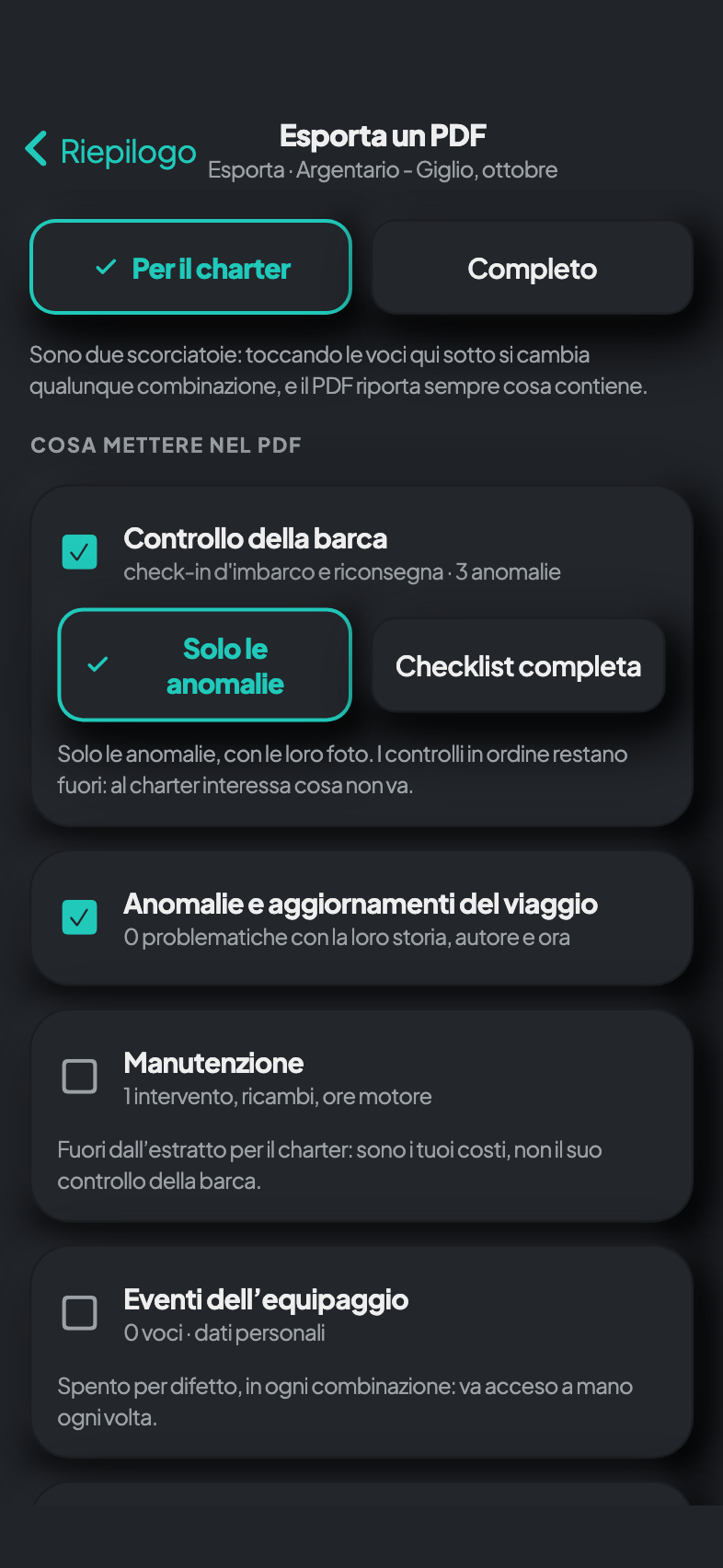 PDF in scuro: scelta del report per il charter e delle sezioni da includere